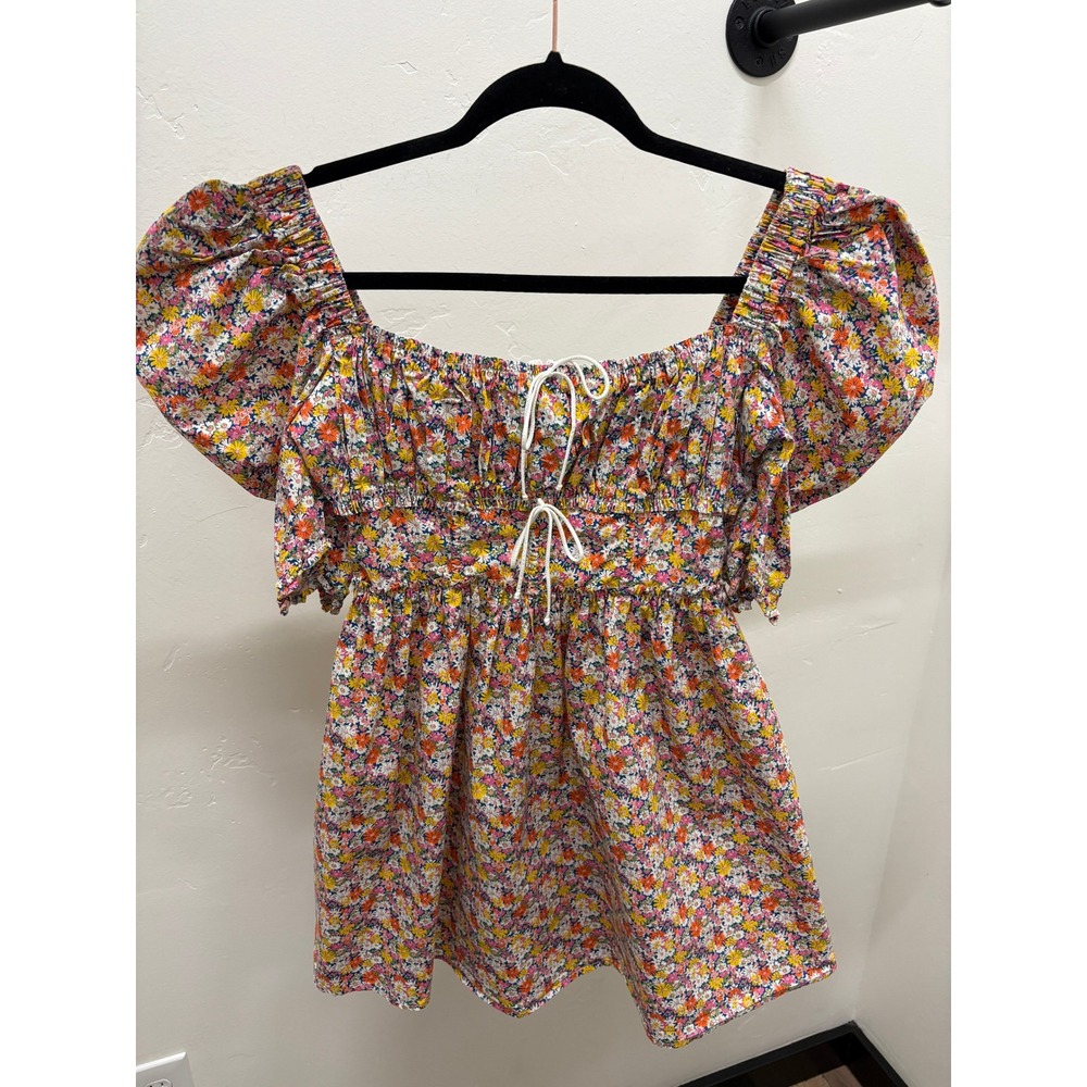 For Love & Lemons Floral Cotton Mini Dress Puff Sleeve Multi Color Small cottage